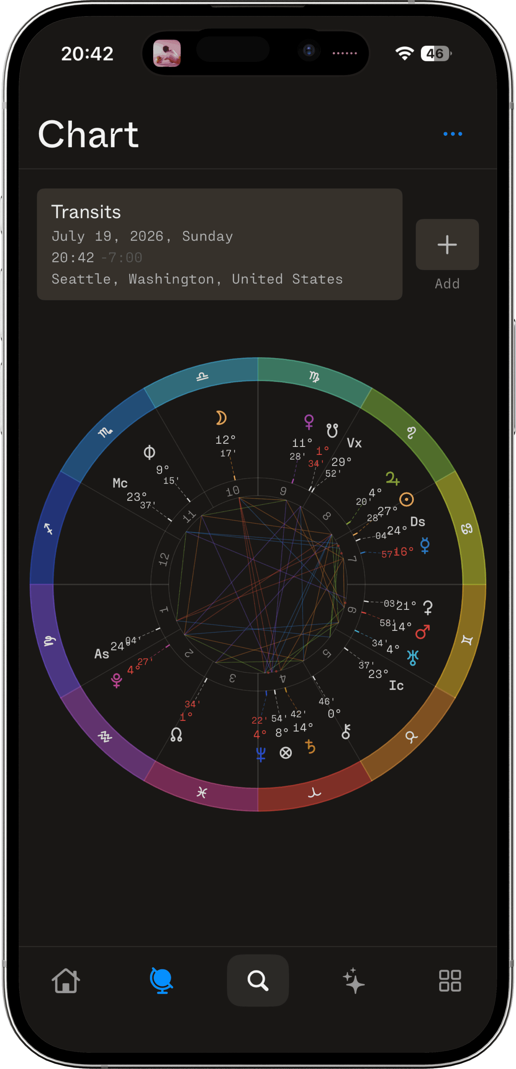 The Kairōs chart page on iPhone — a transit chart for Seattle, planets ringed by the twelve signs with aspect lines webbing the interior of the wheel
